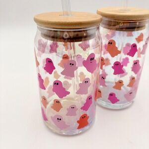 Ghost Luster Sipper 2pk Pink Multi Iridescent Glass Bamboo Lid New